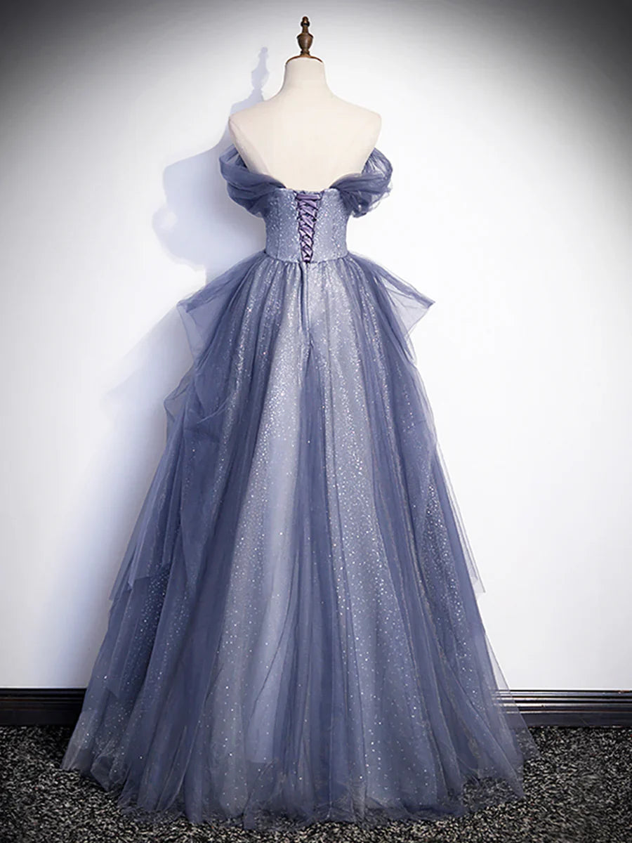 Charming Tulle Sequins A-Line Prom Dresses, Off the Shoulder Floor-Length Formal Dresses  TP265