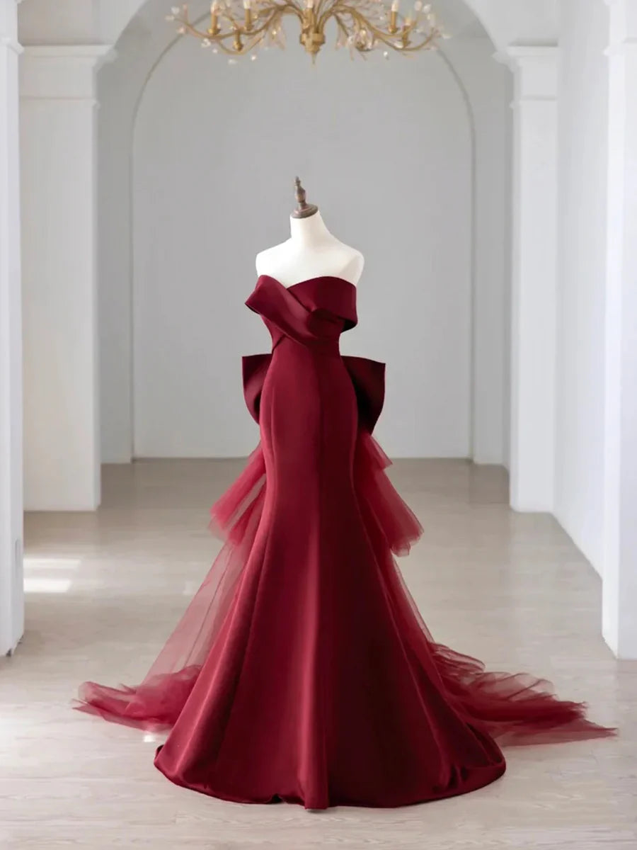 Off the Shoulder Floor Length Satin Prom Dress, Mermaid V-Neck Evening Party Dress  TP268