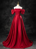 Burgundy Satin Off the Shoulder Formal Dress, A-Line Burgundy Evening Dress  TP272