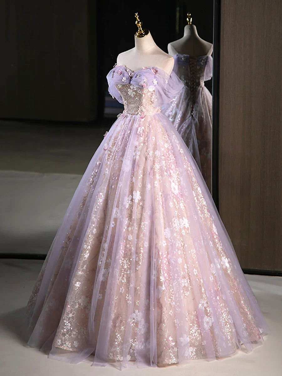 Purple A-Line Off the Shoulder Sequins Prom Dress, Lovely Tulle Corset Floor Length Evening Dress  TP277