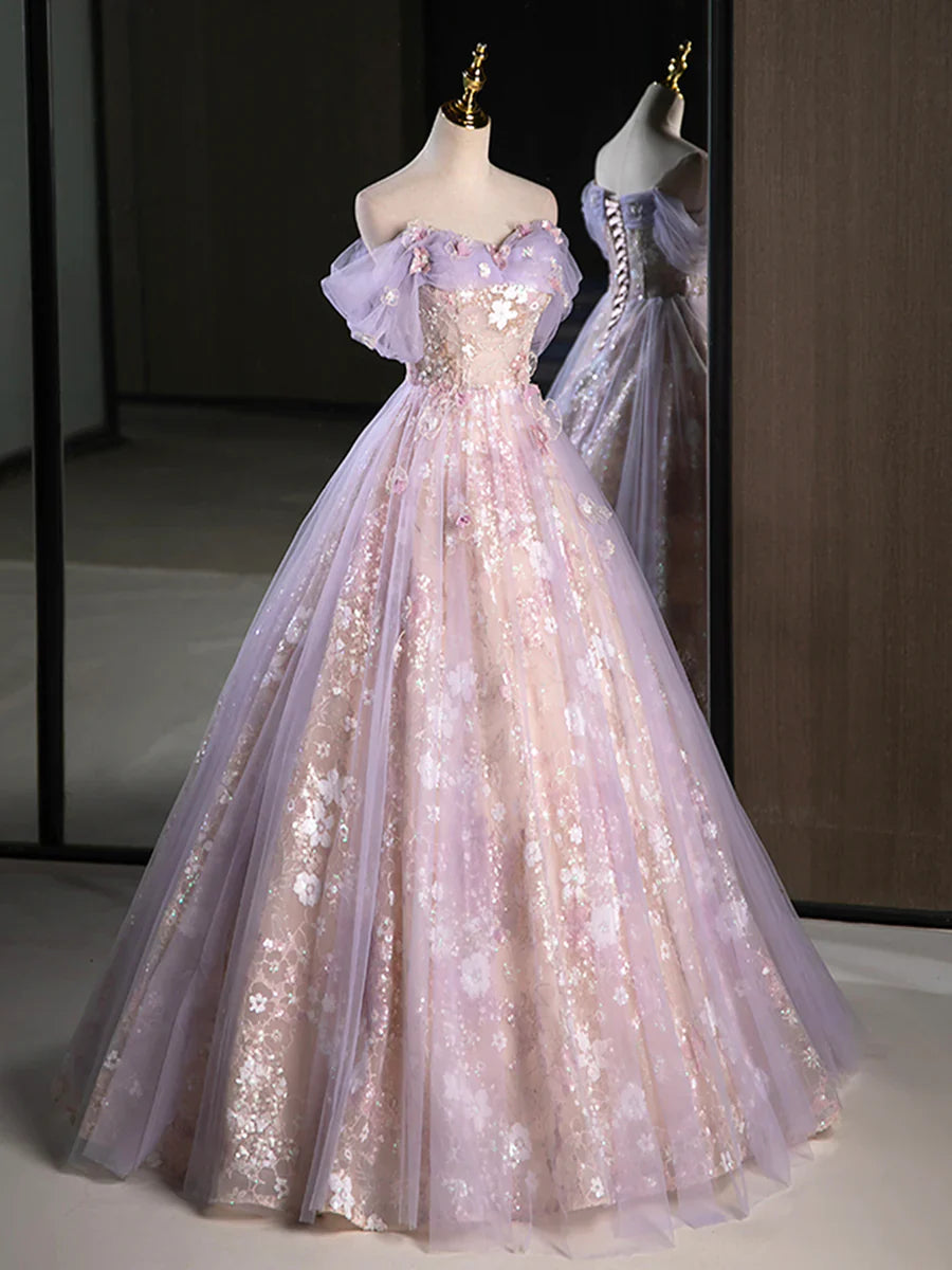 Purple A-Line Off the Shoulder Sequins Prom Dress, Lovely Tulle Corset Floor Length Evening Dress  TP277