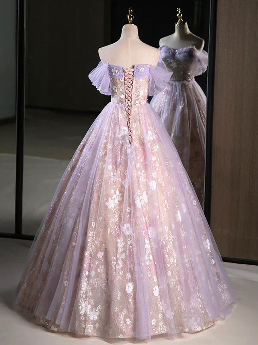 Purple A-Line Off the Shoulder Sequins Prom Dress, Lovely Tulle Corset Floor Length Evening Dress  TP277