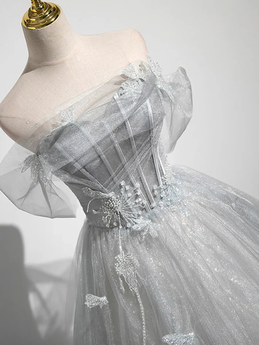 A-Line Off the Shoulder Sparkly Prom Dress, Gray Tulle Corset Floor Length Evening Dress  TP278