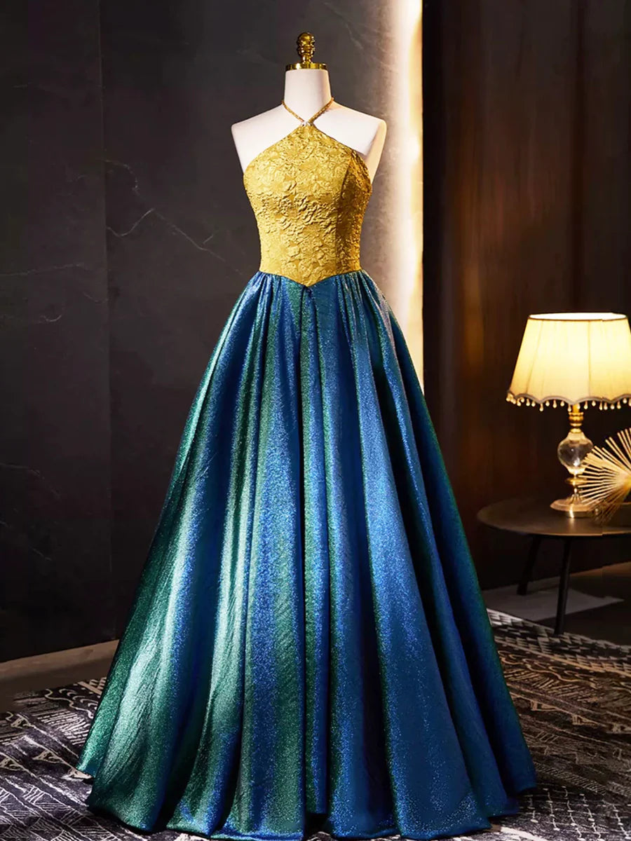 Retro Halter Neck Long Prom Dress, Elegant A-Line Evening Party Dress  TP279