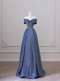 Shiny Off the Shoulder Floor Length Blue A-Line Prom Dress  TP282