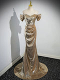 Gold Sequins Floor Length Prom Dress, Mermaid Off the Shoulder Evening Party Dress  TP283