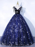 Navy Blue Tulle Long Prom Dress, Spaghetti Straps Lace Flower Backless Evening Dress  TP284