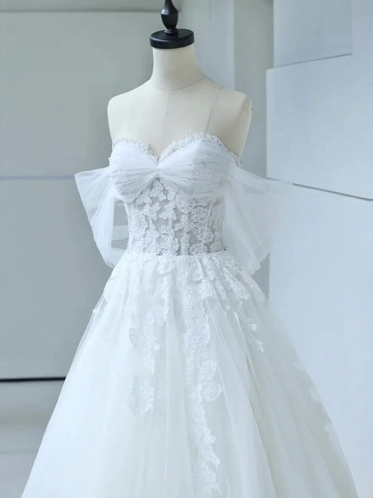White Tulle Lace Long Prom Dress with Corset, Off the Shoulder Sweetheart Evening Dress  TP287