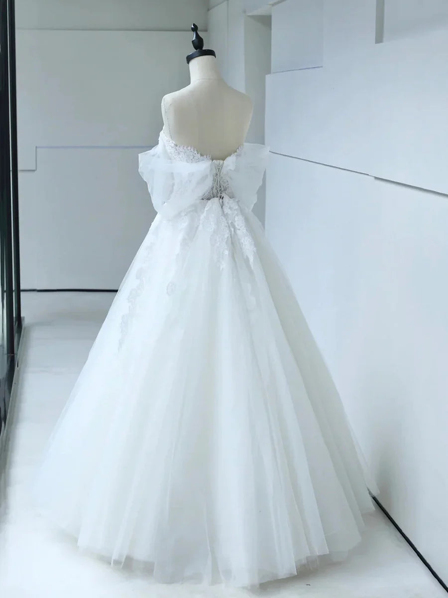 White Tulle Lace Long Prom Dress with Corset, Off the Shoulder Sweetheart Evening Dress  TP287