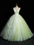 Green V-Neck Tulle Lace Long Prom Dress, A-Line Sleeveless Evening Dress  TP289