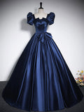 Elegant Blue Satin Floor-Length Prom Dresses, Square Neckline Puffy Short Sleeve Bow Formal Dresses  TP291