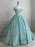 Sparkly Sequin Off the Shoulder Prom Dress, A-line Floor Length Evening Dress  TP297