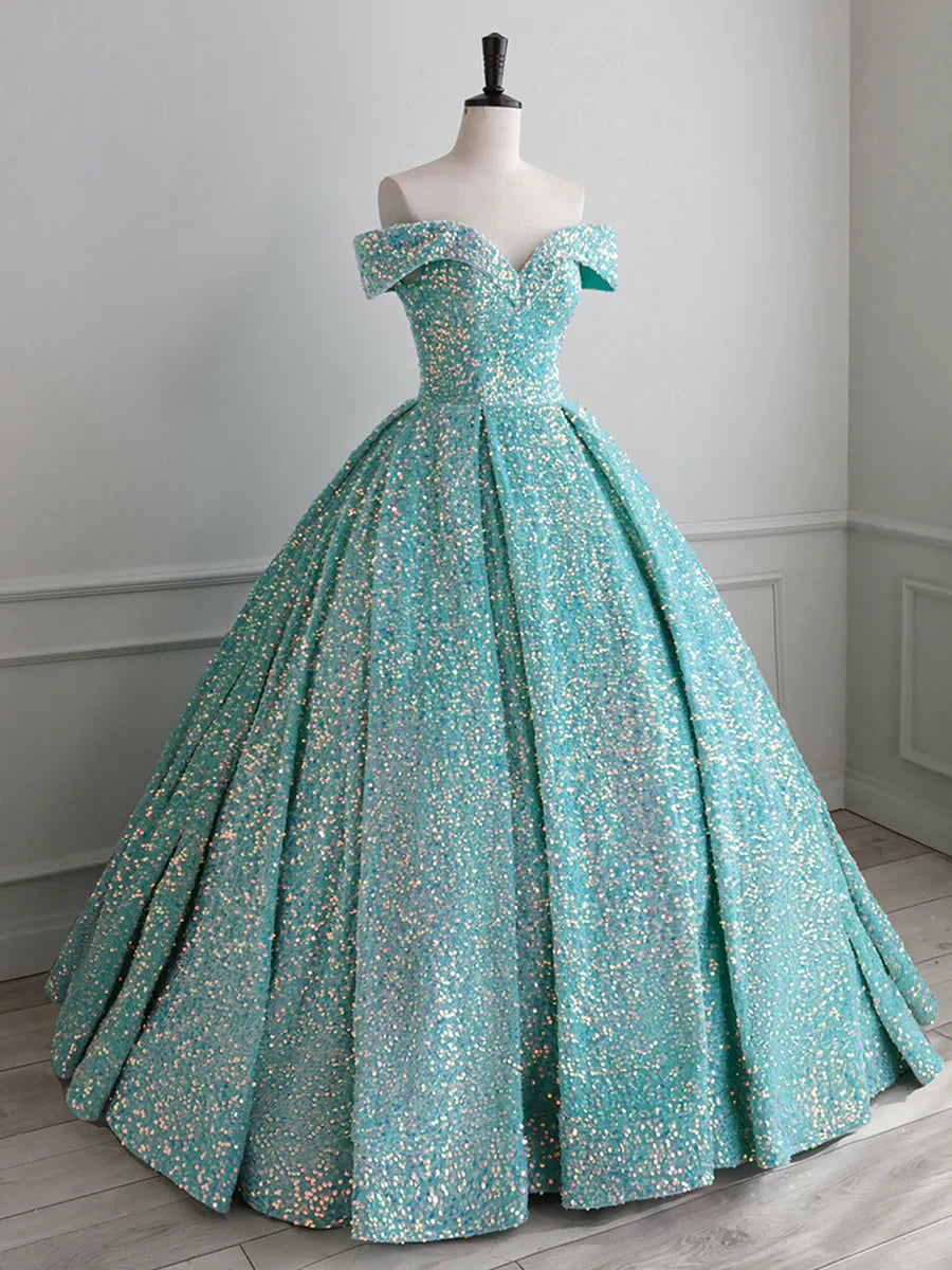 Sparkly Sequin Off the Shoulder Prom Dress, A-line Floor Length Evening Dress  TP297