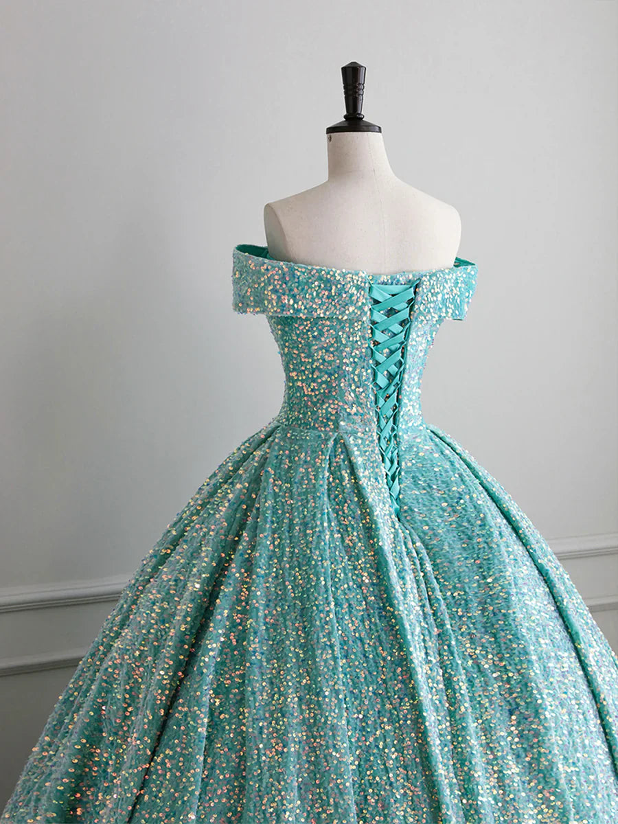 Sparkly Sequin Off the Shoulder Prom Dress, A-line Floor Length Evening Dress  TP297