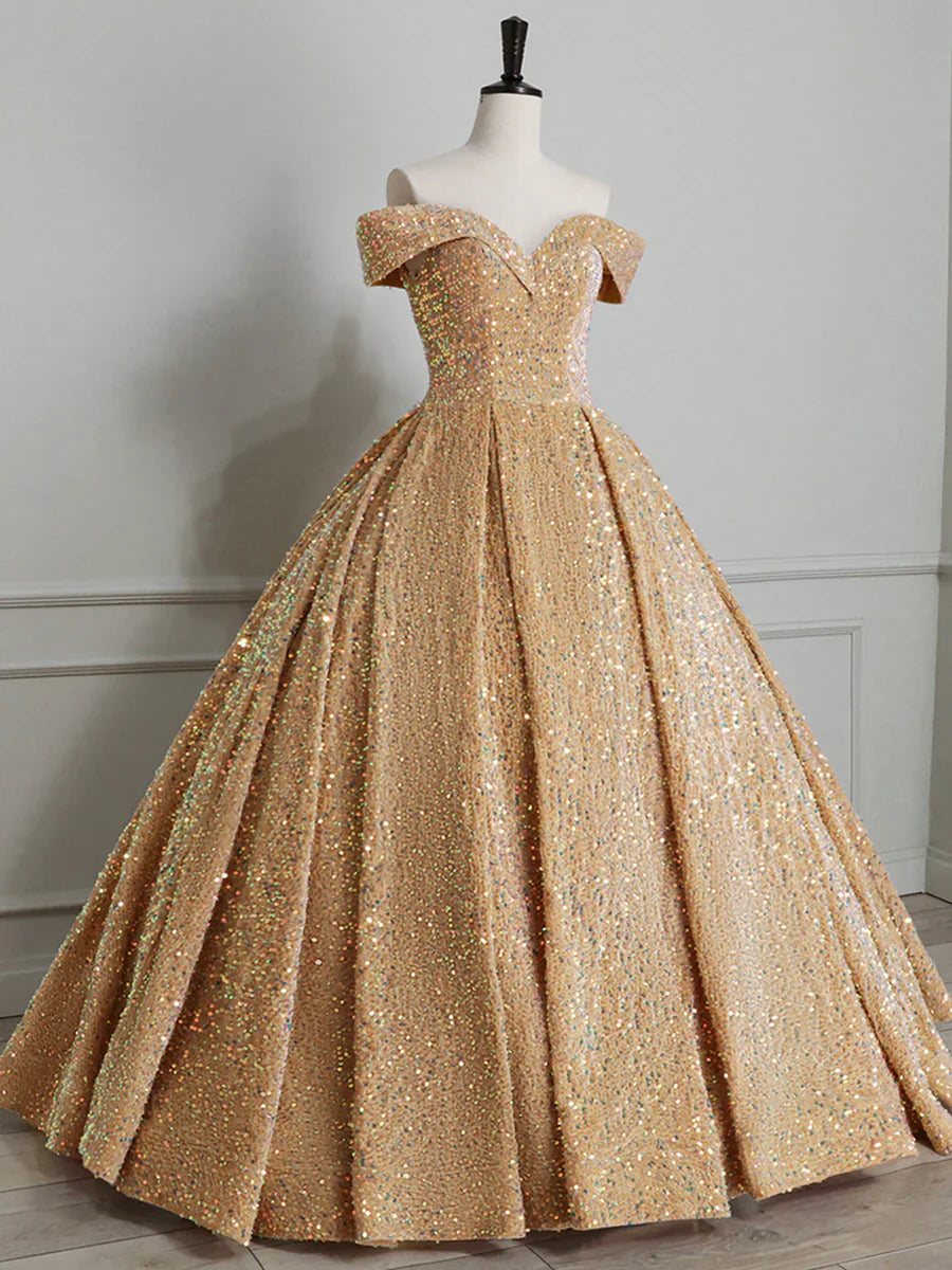 Sparkly Sequin Off the Shoulder Prom Dress, A-line Floor Length Evening Dress  TP297