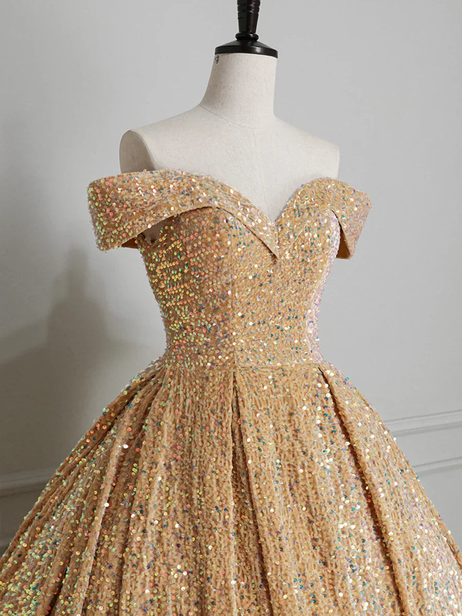 Sparkly Sequin Off the Shoulder Prom Dress, A-line Floor Length Evening Dress  TP297