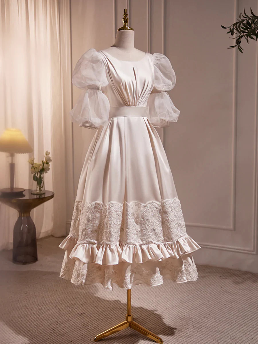 Beautiful Scoop Neck Tea Length Prom Dress, A-Line Puffy Short Sleeve Backless Party Dress  TP299