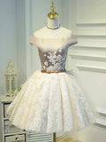 Champagne Tea Length Lace Party Dress, Off the Shoulder Evening Dress TP302