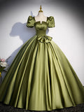 Green Satin Short Sleeve Floor Length Formal Dress, Green A-Line Prom Dress  TP310