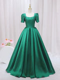Green Satin Floor Length Prom Dress, Green Short Sleeve Evening Dress  TP311