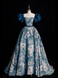 Blue Printed Long Ball Gown, Elegant A-Line Short Sleeve Evening Dress  TP312