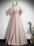 Pink Satin A-Line Floor Length Prom Dress, Off Shoulder Short Sleeve Evening Dress  TP313