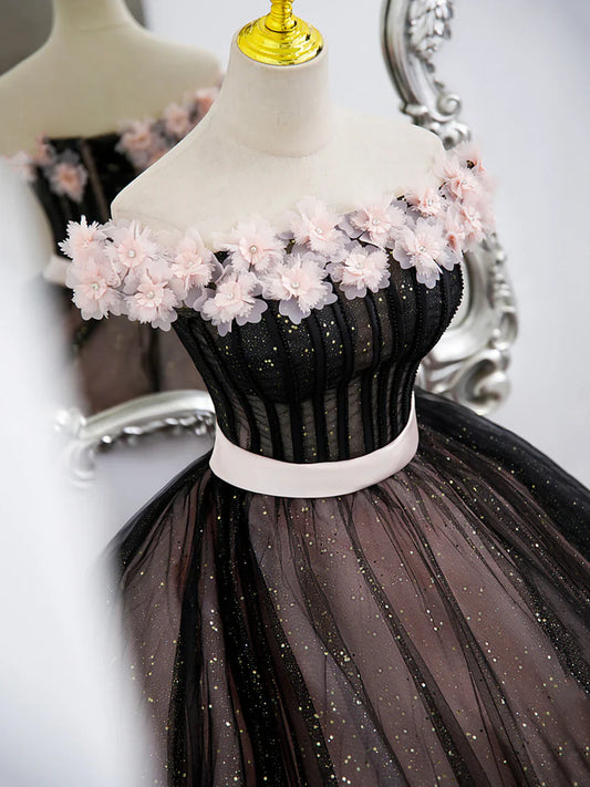 Black Tulle and Pink Flowers Party Dress, Black Off Shoulder Sweet 16 Dress  TP314