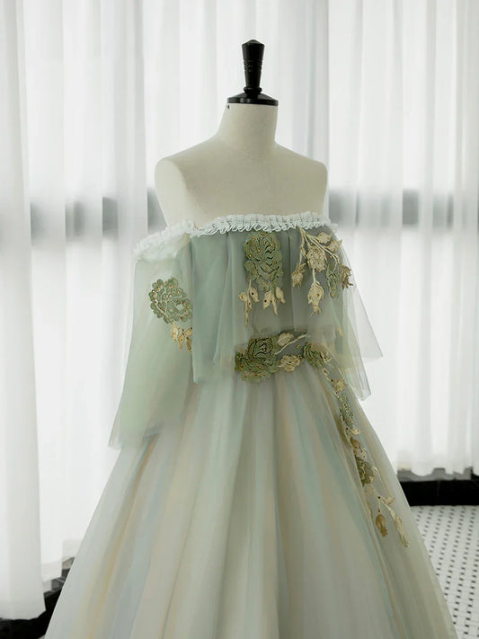 Green Tulle Lace Long Prom Dress, Green Off Shoulder Evening Party Dress  TP321