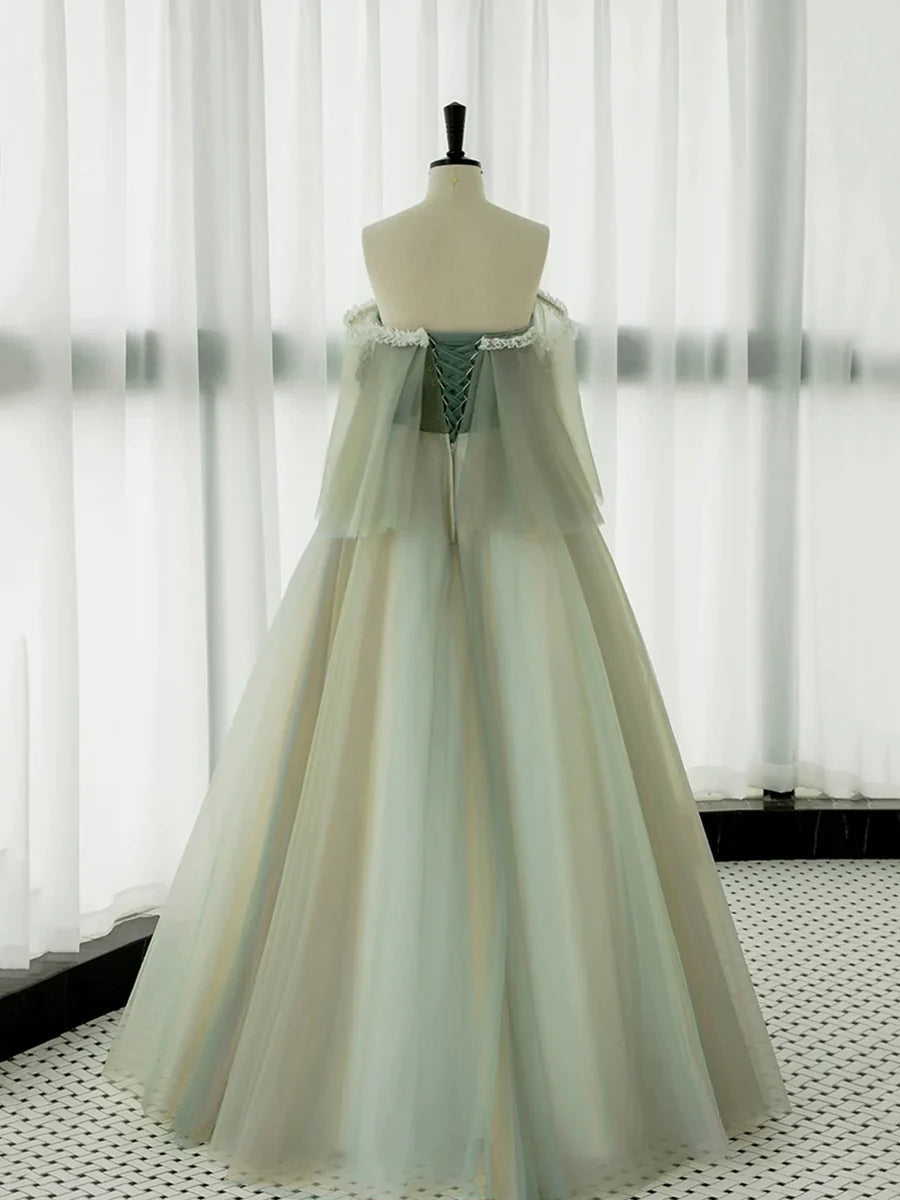 Green Tulle Lace Long Prom Dress, Green Off Shoulder Evening Party Dress  TP321