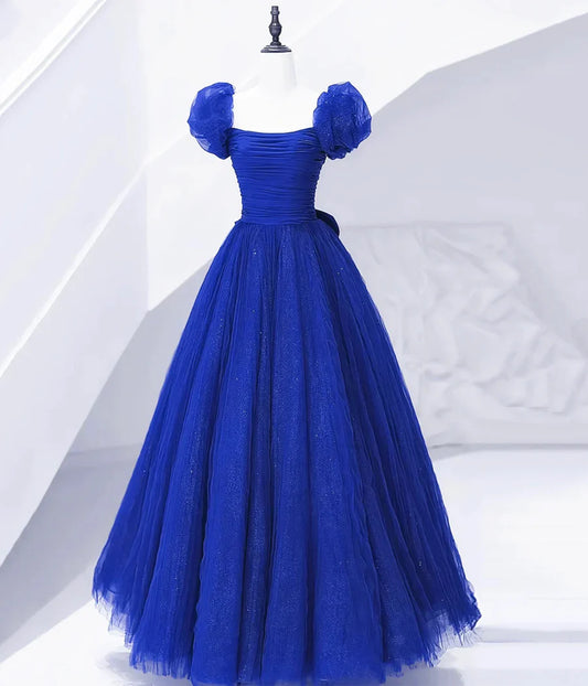 Vintage Royal Blue Puff-Sleeve Square-Neck Ruched Bodice Glitter Tulle Sweet 15 Quinceanera Ball Gown TP327