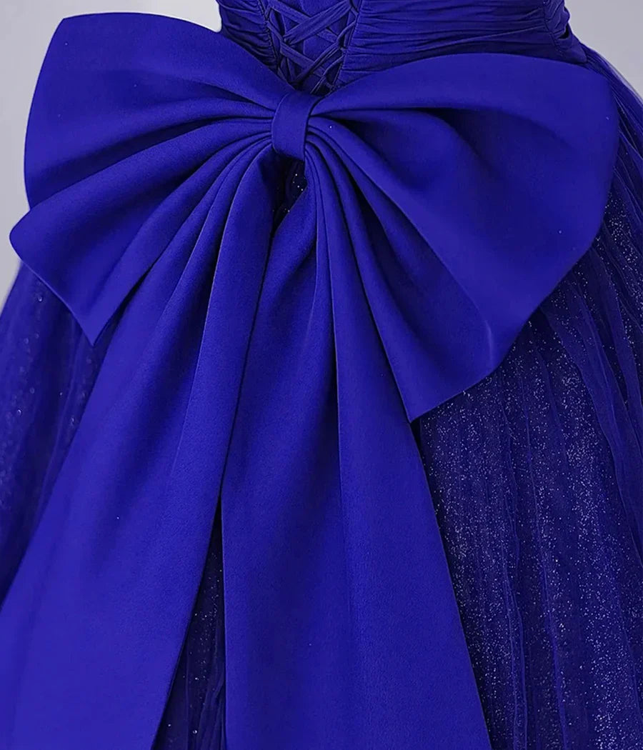 Vintage Royal Blue Puff-Sleeve Square-Neck Ruched Bodice Glitter Tulle Sweet 15 Quinceanera Ball Gown TP327