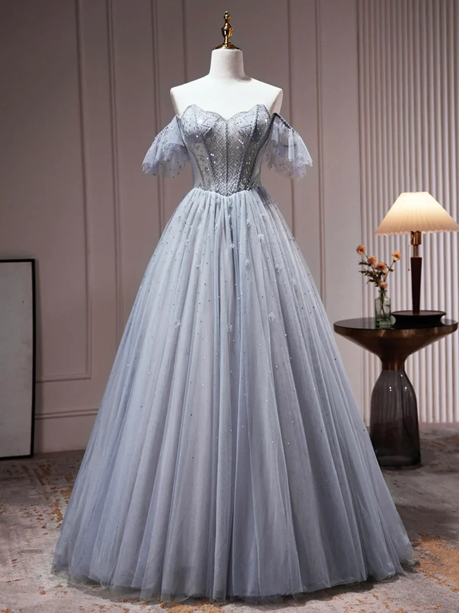 Gray Tulle Off Shoulder Beaded Party Dress, A-Line Tulle Formal Dress Prom Dress  TP328