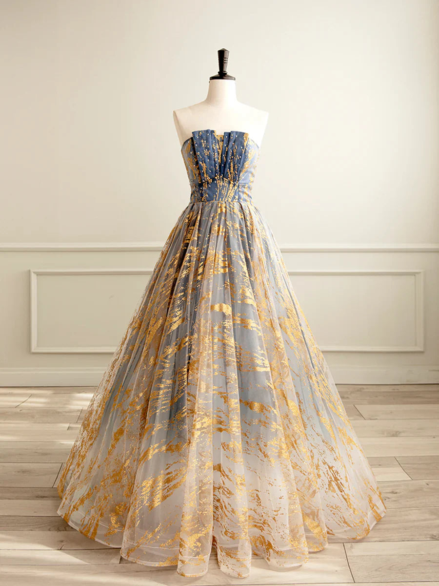 Beautiful Gradient Tulle Long Formal Dress, A-Line Strapless Prom Dress Evening Dress  TP329