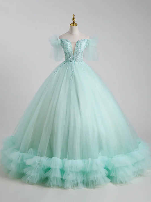 Beautiful Tulle Sequins Long Ball Gown, A-Line Tulle Sweet 16 Dress  TP338