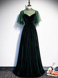 Green Velvet Long Prom Dress, Elegant A-Line Green Evening Dress  TP348