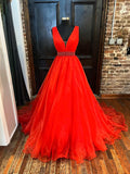 Red V-Neck Tulle Long Prom Dress, Red A-Line Evening Dress with Beaded  TP352