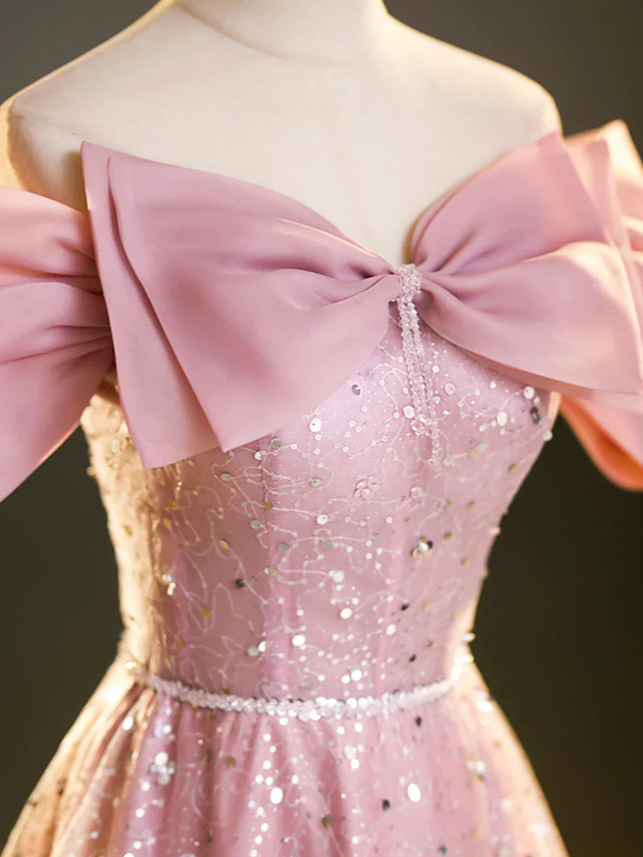 Sparkly Off-Shoulder Sequins Floor Length Formal Dress, Beautiful Pink Prom Dress  TP353