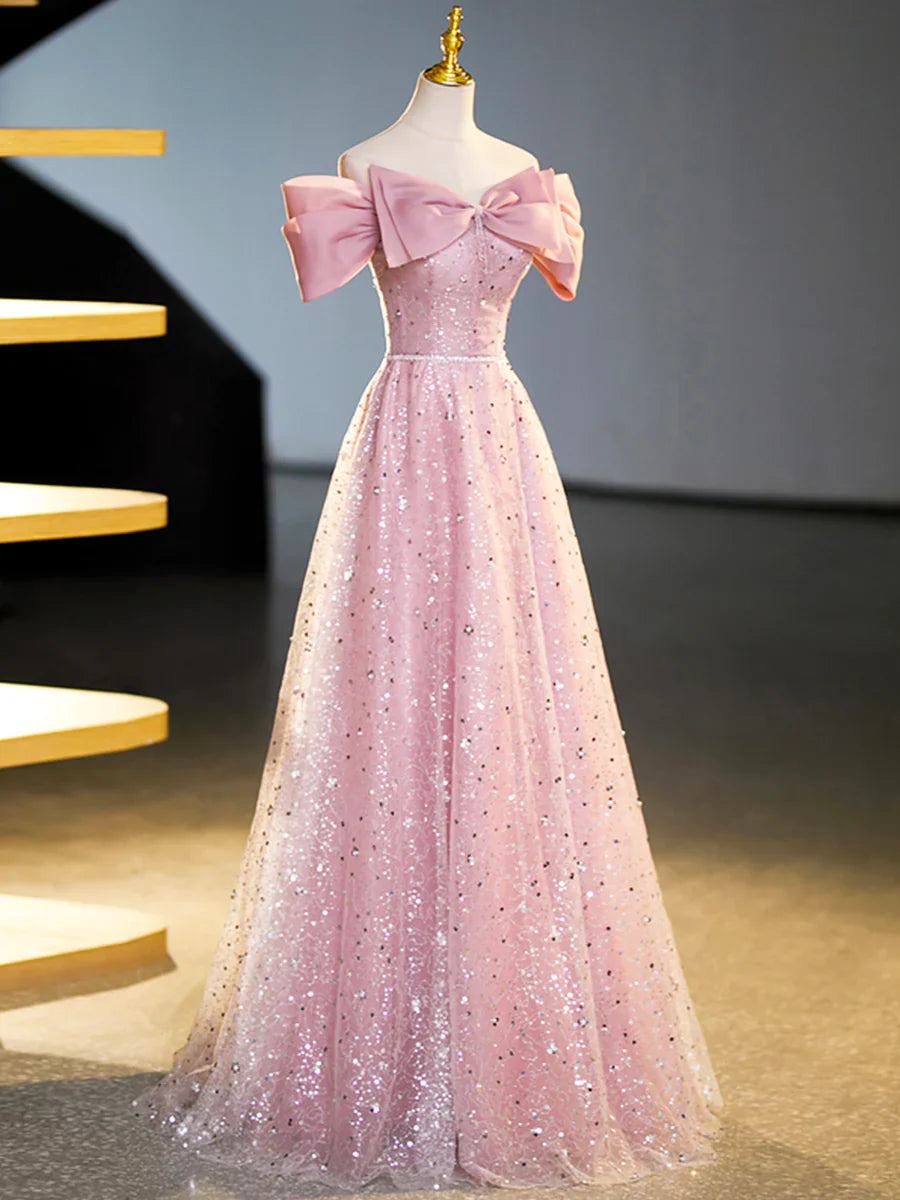 Sparkly Off-Shoulder Sequins Floor Length Formal Dress, Beautiful Pink Prom Dress  TP353