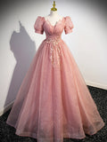Pink Tulle Floor Length Prom Dress with Short Sleeve, Beautiful A-Line Evening Dress  TP355