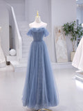 Blue Strapless Tulle Long Prom Dress, Blue A-Line Evening Dress  TP358