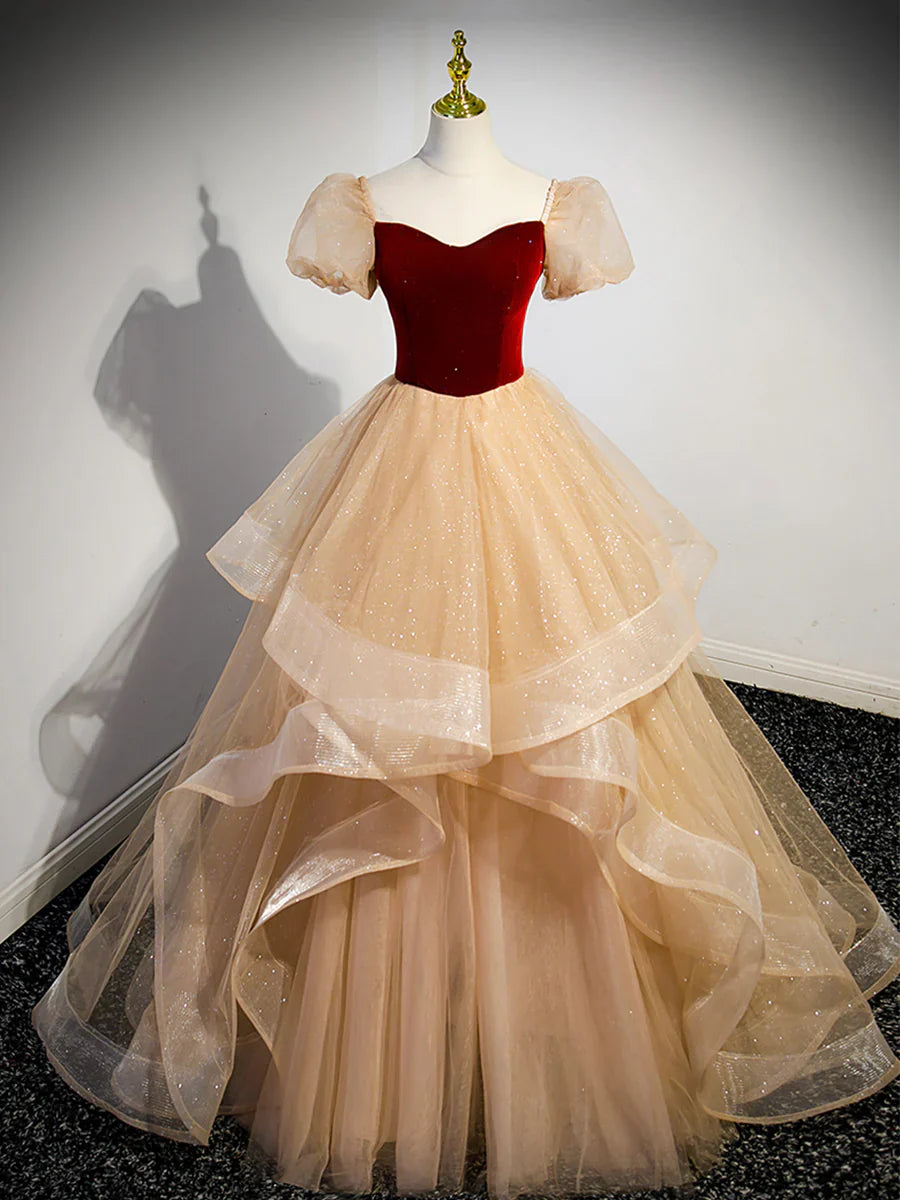 Cute Velvet Tulle Long Prom Dress, A-Line Short Sleeve Formal Dress  TP363