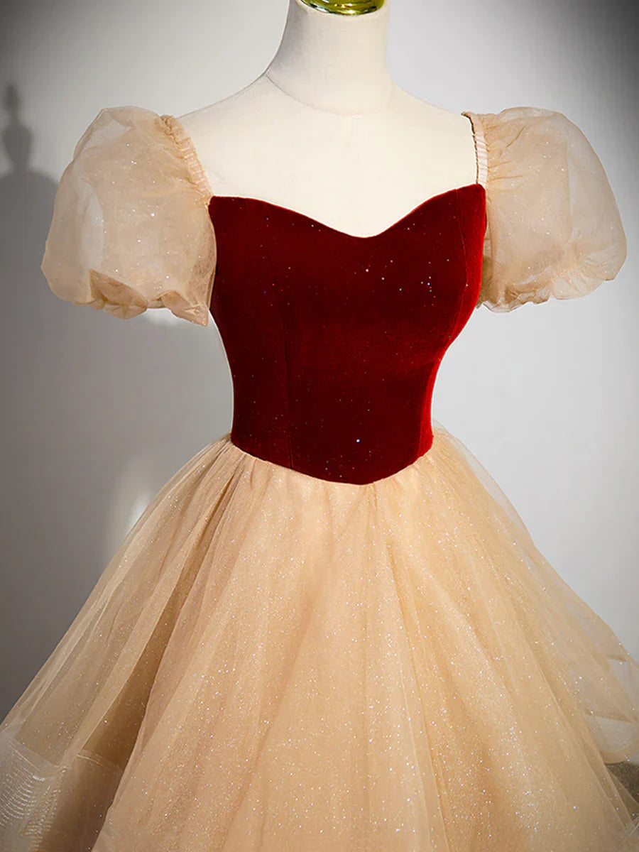 Cute Velvet Tulle Long Prom Dress, A-Line Short Sleeve Formal Dress  TP363