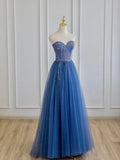 Blue Strapless Tulle Long Prom Dress with Beaded, A-Line Evening Formal Dress  TP364