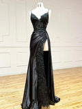 Black V-Neck Satin Lace Long Prom Dress, Black Spaghetti Strap Evening Dress with Slit  TP366