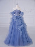 Blue Tulle Beaded Long Prom Dress, Blue A-Line Evening Party Dress  TP371