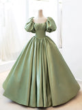 Green Satin Formal Evening Gown with Puff Sleeve, A-Line Long Prom Dress  TP374