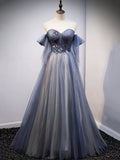 Blue Sweetheart Tulle with Lace Party Dress, Blue Long Formal Dress  TP376