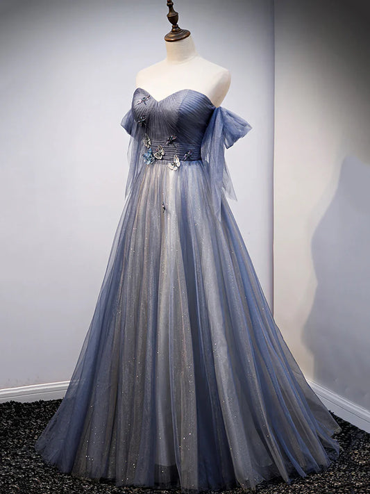 Blue Sweetheart Tulle with Lace Party Dress, Blue Long Formal Dress  TP376
