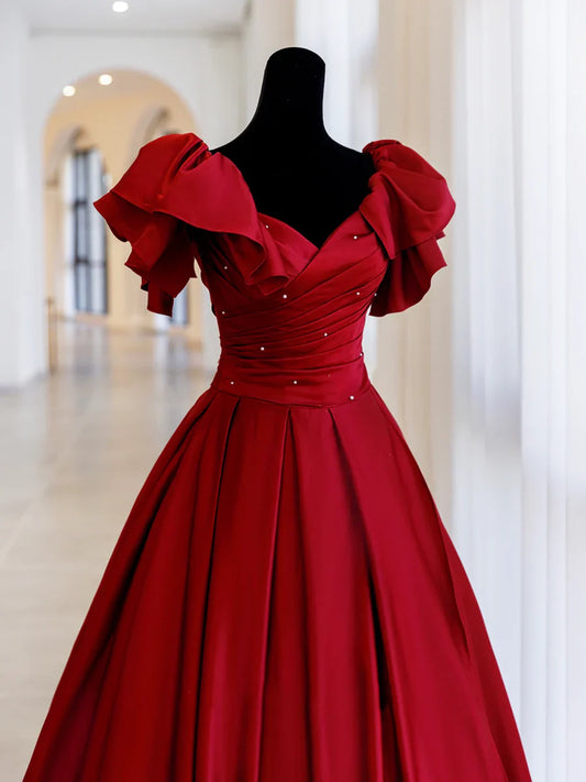 Burgundy Satin Long Prom Dress, A-Line Evening Party Dress  TP383