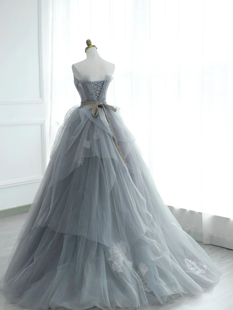 Gray Strapless Tulle Lace Long Prom Dress, A-Line Evening Party Dress  TP384